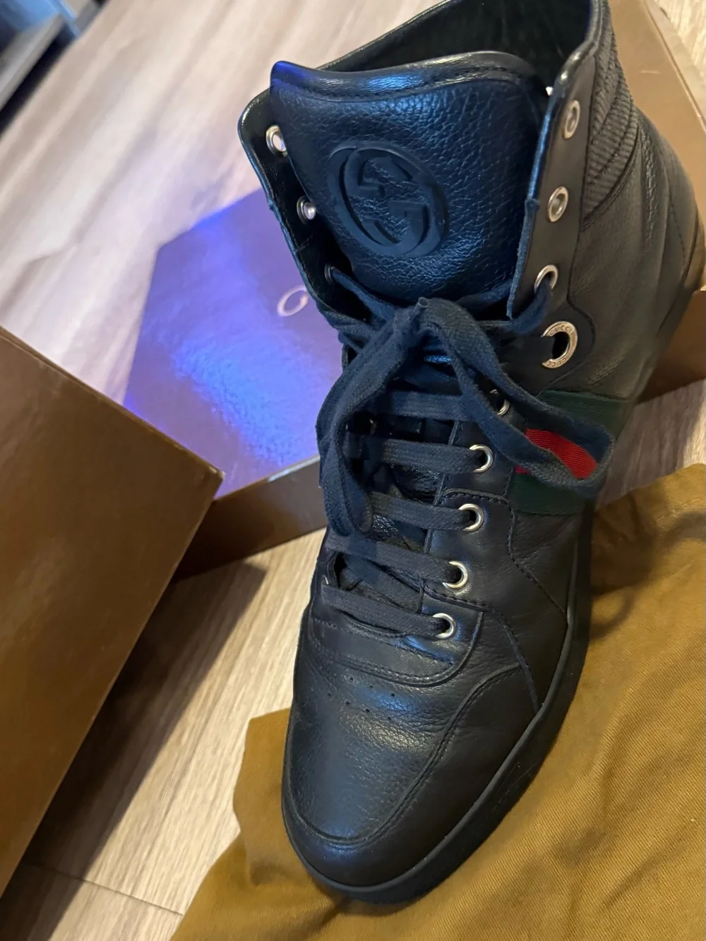 Gucci Men’s Black Leather High-Top Sneaker with Green and Red Web